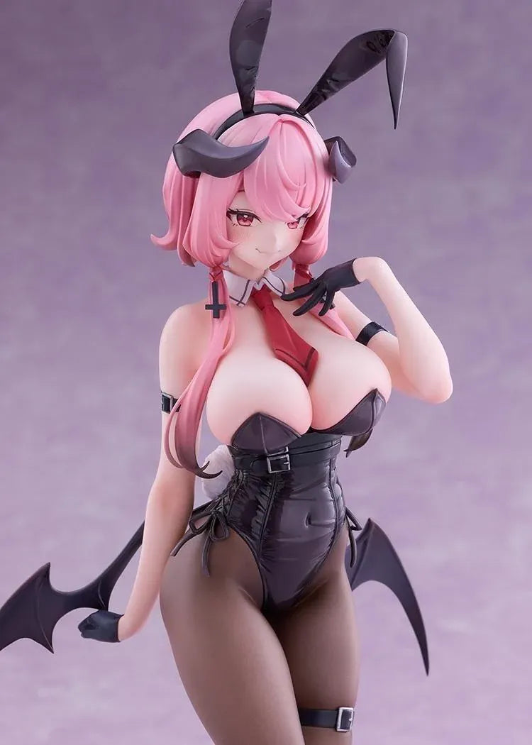 Stella Sora Bernina Bunny Ver. 1/7 Scale Figure featuring a pink-haired anime girl with reddish-pink eyes wearing a black corset-style bunny outfit, tall bunny ears, sheer tights, red heels, and bat-like wings on a purple display base.