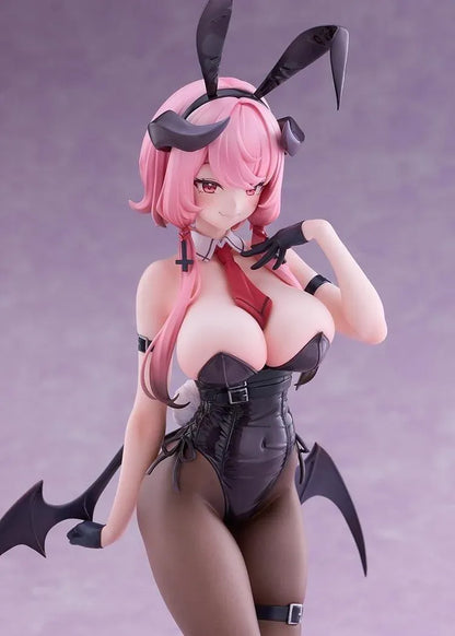Stella Sora Bernina Bunny Ver. 1/7 Scale Figure featuring a pink-haired anime girl with reddish-pink eyes wearing a black corset-style bunny outfit, tall bunny ears, sheer tights, red heels, and bat-like wings on a purple display base.