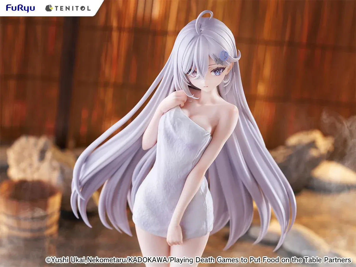 Playing Death Games to Put Food on the Table Tenitol Tall Yuki Golden Bath Ver figure with long silver hair and white towel design.