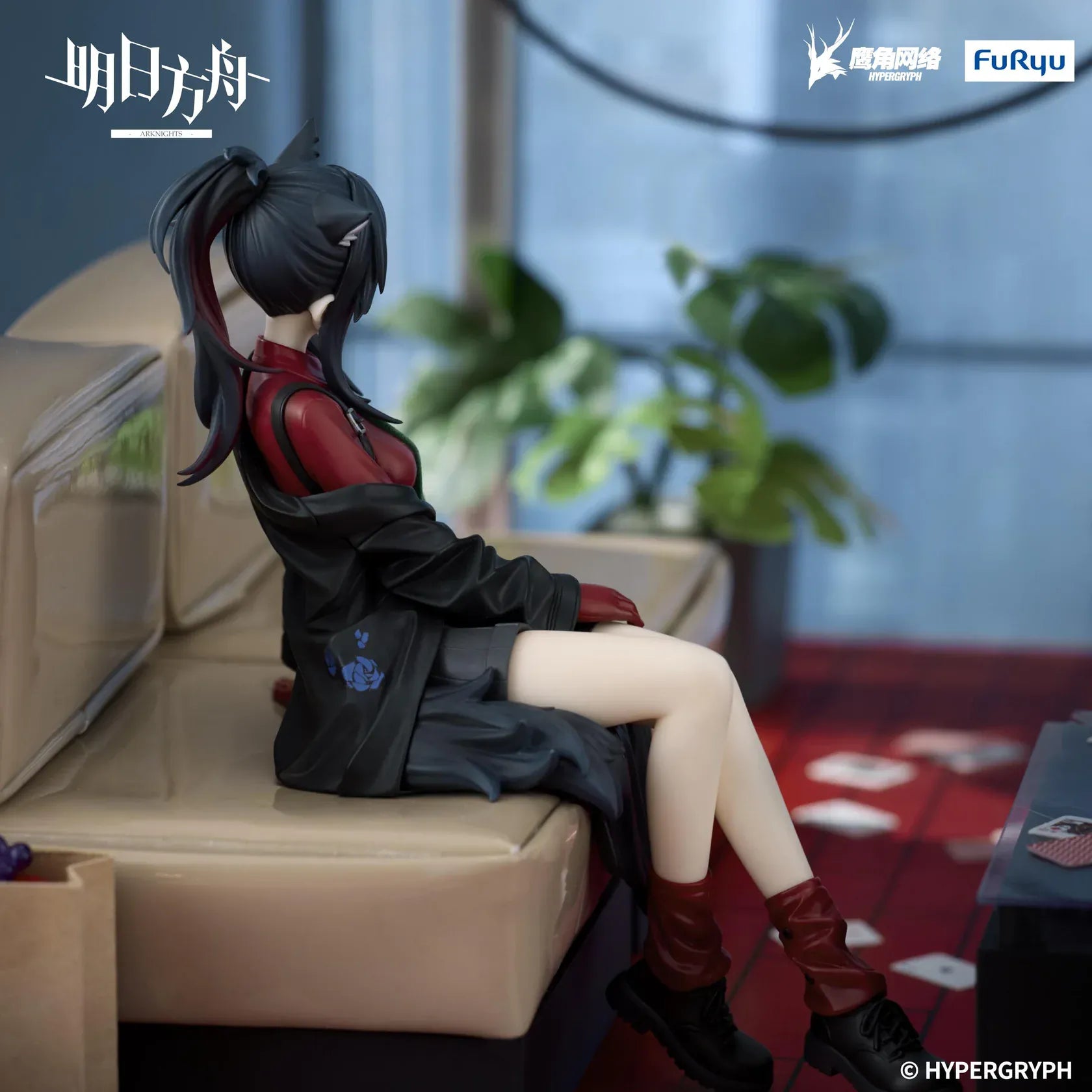 Arknights Texas Will Ver Noodle Stopper Figure featuring Texas seated in a red shirt, green tie, black skirt, oversized jacket, and red boots