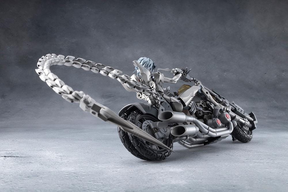 Megalomaria Unlimited Universe Wreckage Hunter model kit with white mechanical armor, a large rifle, weapon tail, and futuristic motorcycle.