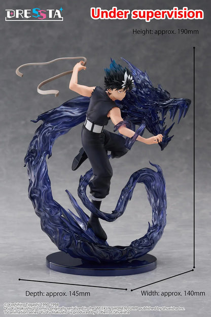 Yu Yu Hakusho Dressta Hiei Figure with black outfit, spiked hair, battle pose, and dark dragon energy effect