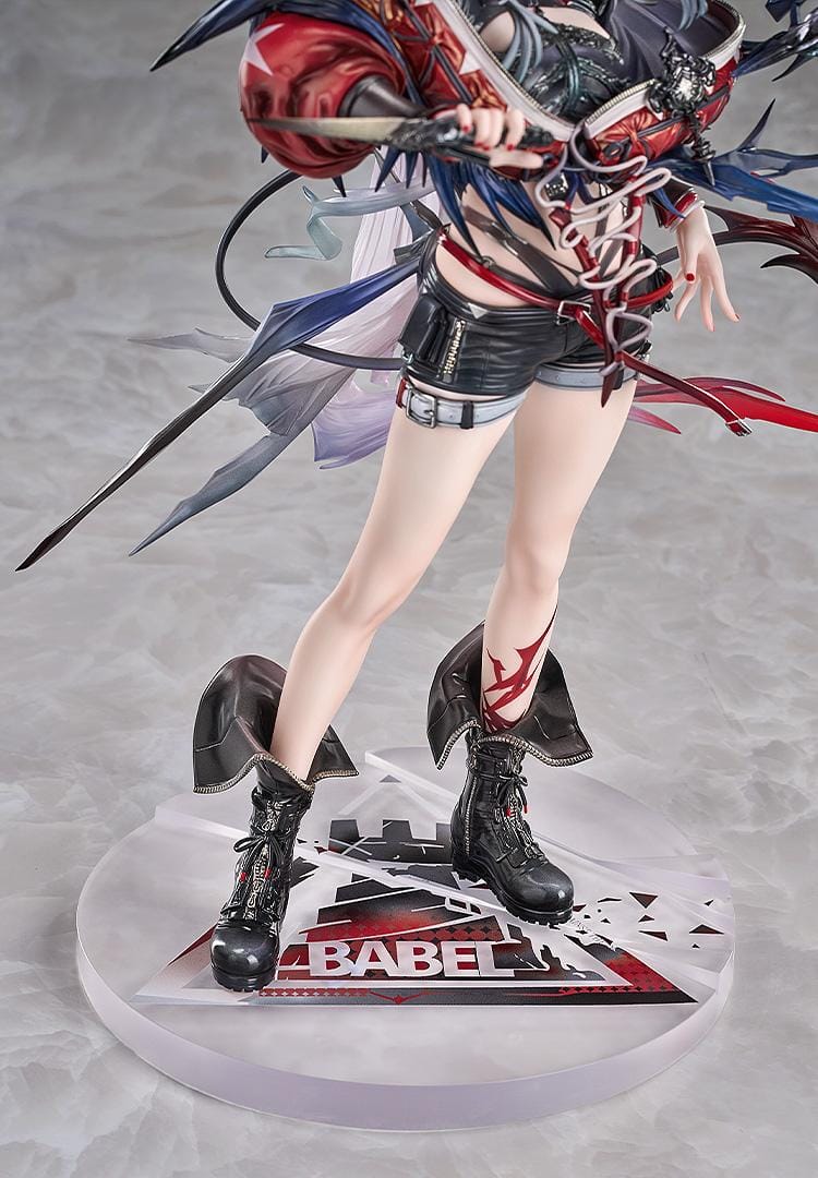Arknights Wiš'adel 1/7 scale figure with silver-gray hair, red horns, a red-and-black outfit, angular weapon details, and a circular base.