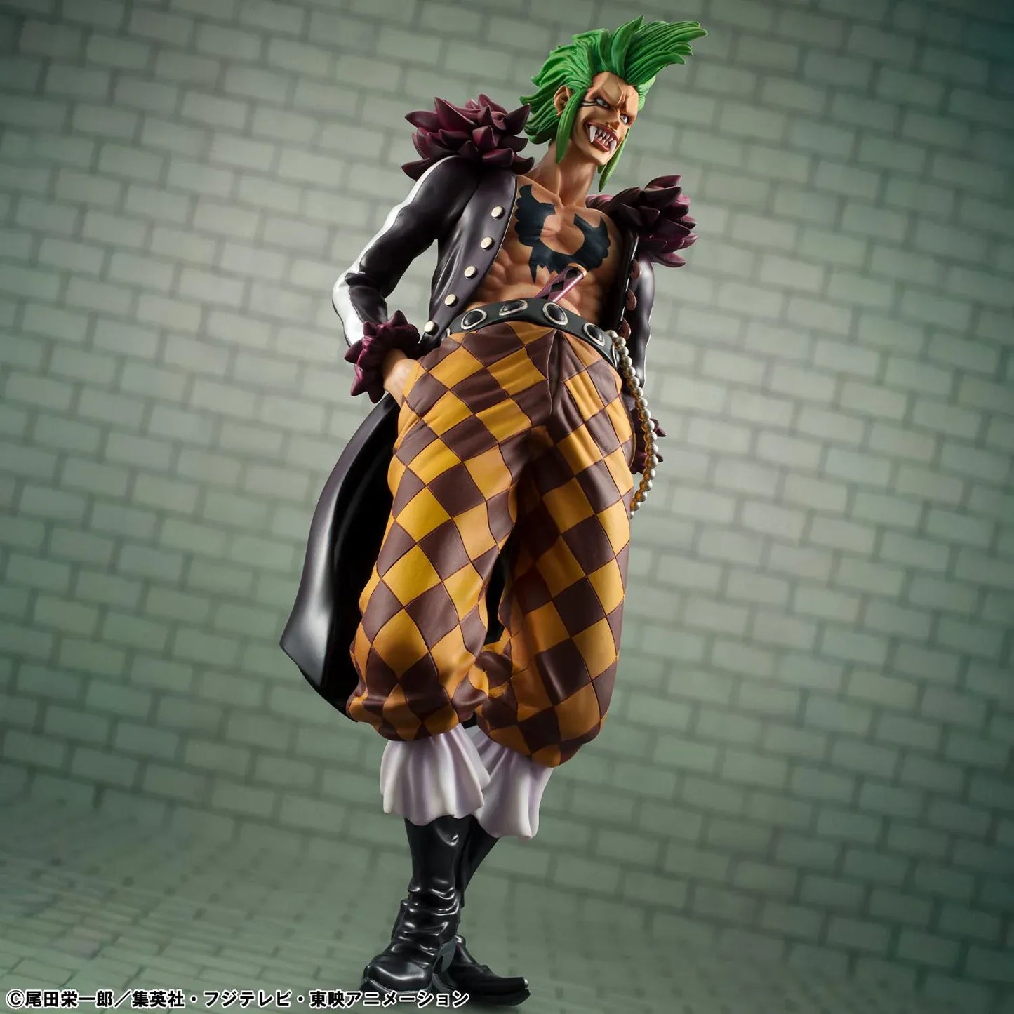 One Piece Portrait Of Pirates Limited Edition Bartolomeo the Cannibal figure with green hair, black coat, and checkered pants