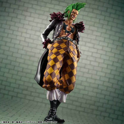 One Piece Portrait Of Pirates Limited Edition Bartolomeo the Cannibal figure with green hair, black coat, and checkered pants