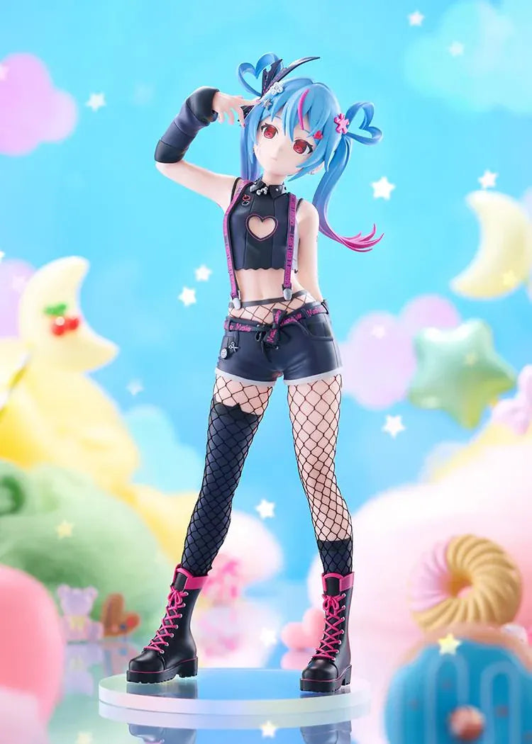 Hatsune Miku DecoMiku Darkness L Size figure with blue and pink twin-tails, a black heart-cutout top, dark shorts, fishnets, and pink-laced boots.