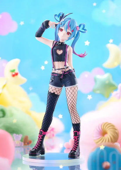 Hatsune Miku DecoMiku Darkness L Size figure with blue and pink twin-tails, a black heart-cutout top, dark shorts, fishnets, and pink-laced boots.