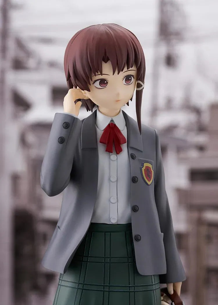 Lain Iwakura POP UP PARADE L Size figure in a gray blazer and green plaid skirt, holding a cream-colored school bag with a dog charm.