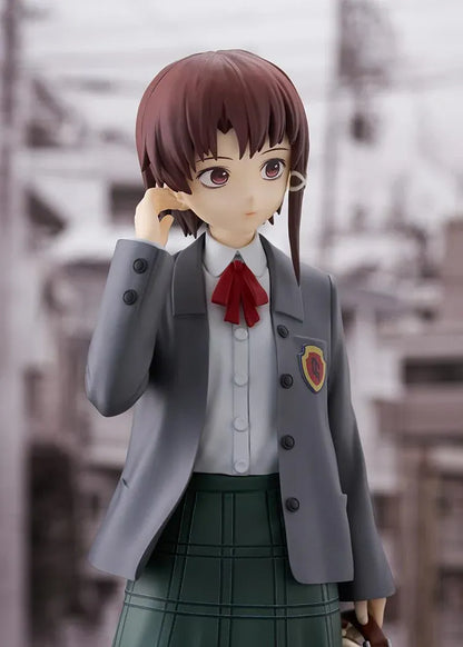 Lain Iwakura POP UP PARADE L Size figure in a gray blazer and green plaid skirt, holding a cream-colored school bag with a dog charm.