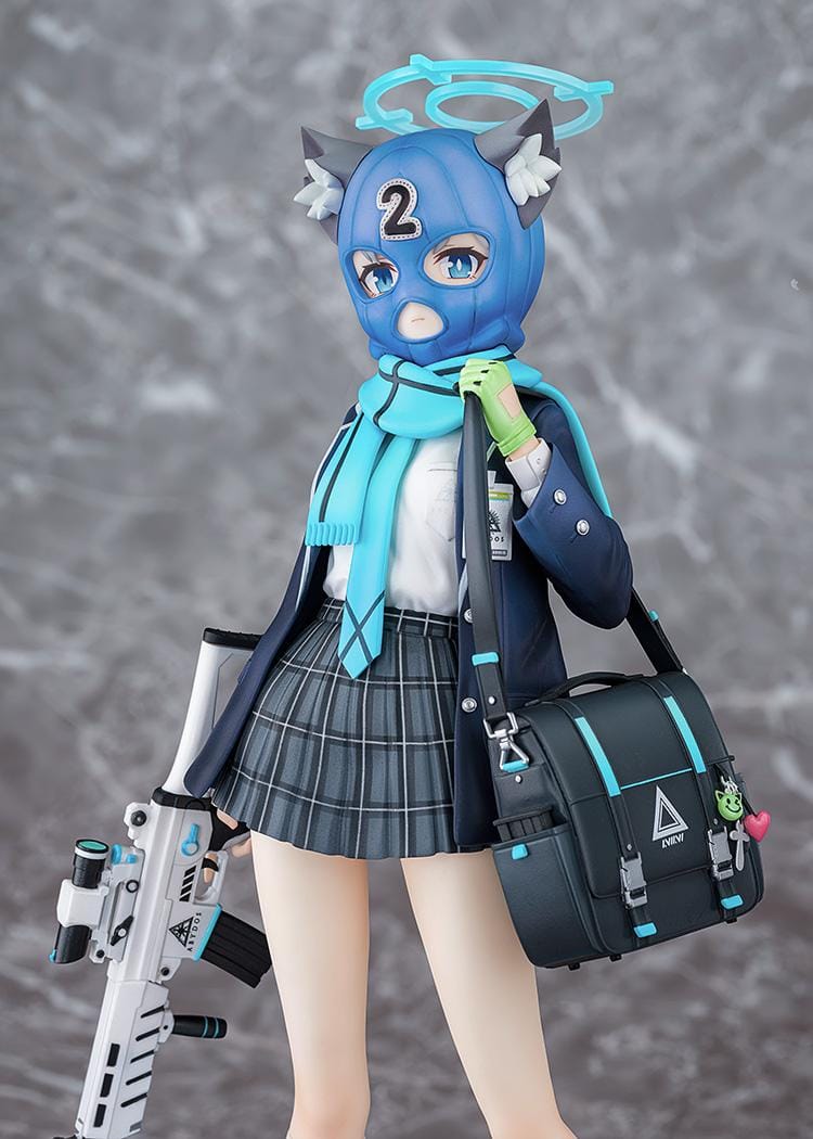 Blue Archive Shiroko 1/7 Scale Figure with silver-gray hair, wolf ears, blue halo, scarf, shoulder bag, and weapon accessory