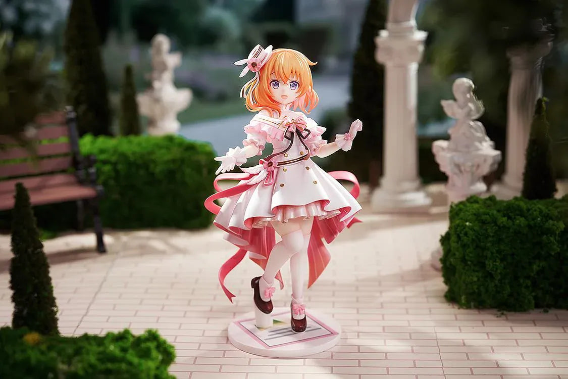 Is the Order a Rabbit Cocoa Dress Ver. 1/7 Scale Figure wearing an elegant pink and white frilled dress with ribbons and floral accessories