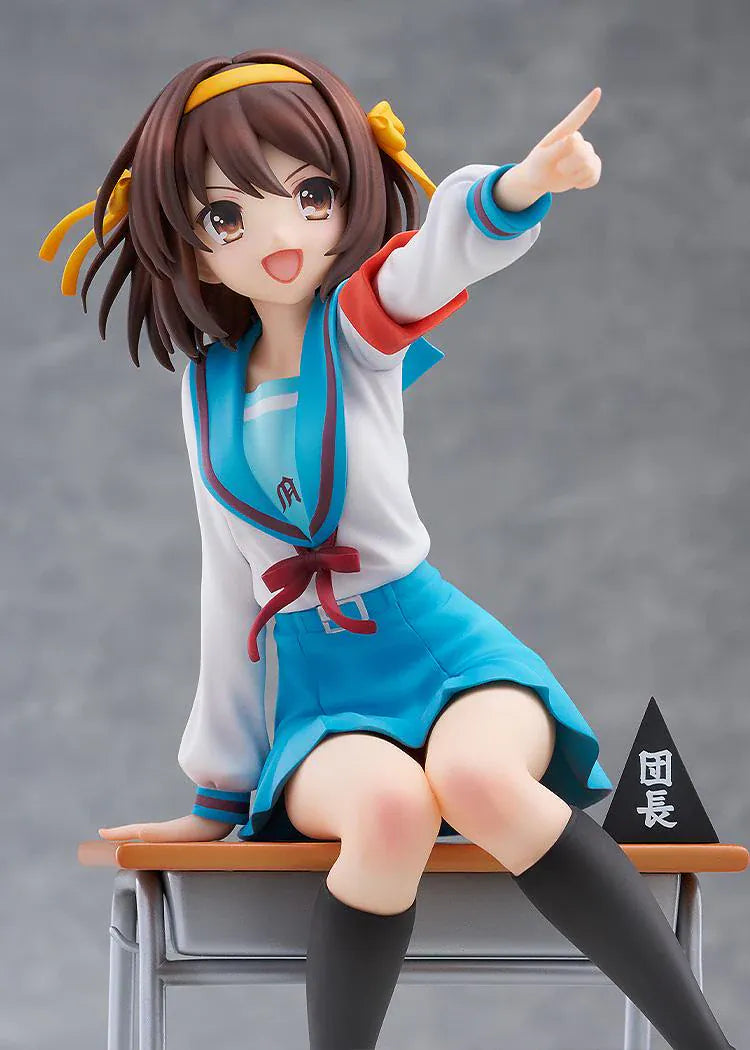 Haruhi Suzumiya 20th Anniversary 1/7 scale figure sitting on desk in school uniform