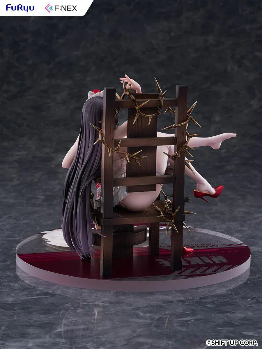 Goddess of Victory: Nikke Mihara Pain Eater scale figure lounging on a thorny wooden throne in a candlelit gothic room, wearing a white dress with red roses.