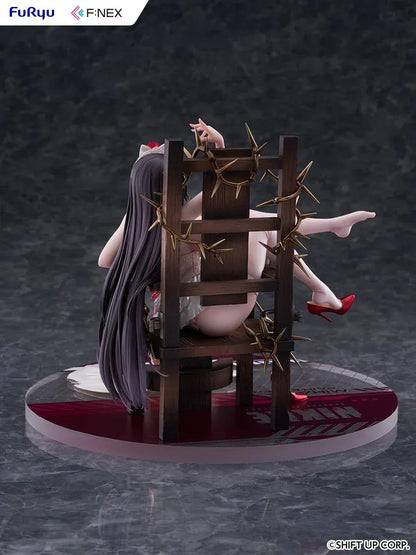 Goddess of Victory: Nikke Mihara Pain Eater scale figure lounging on a thorny wooden throne in a candlelit gothic room, wearing a white dress with red roses.