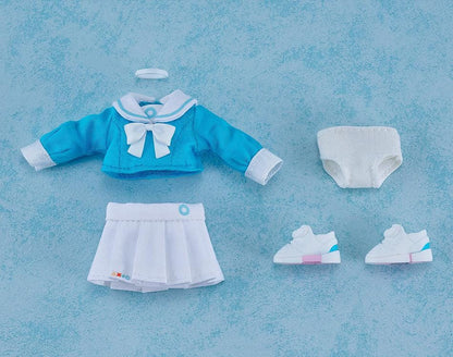 Blue Archive Nendoroid Doll Arona with blue hair, a white bow and halo, wearing a blue-and-white fabric school uniform.