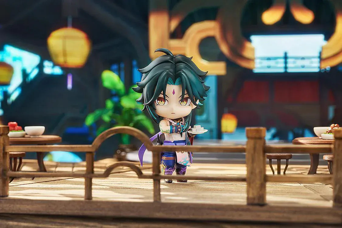 Genshin Impact Nendoroid Xiao chibi figure with teal hair holding polearm weapon