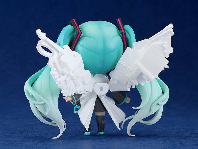 Hatsune Miku Happy 16th Birthday Ver. Nendoroid figure with turquoise twin-tails, white outfit, microphone, and translucent wings