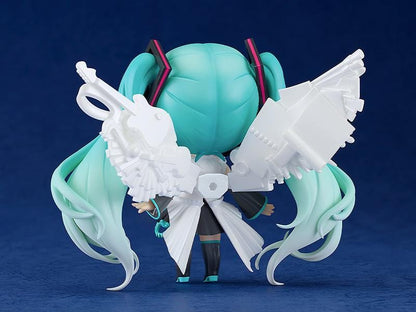 Hatsune Miku Happy 16th Birthday Ver. Nendoroid figure with turquoise twin-tails, white outfit, microphone, and translucent wings
