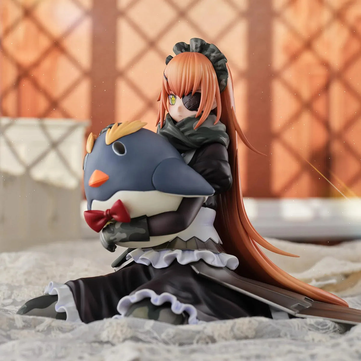 Overlord CZ2128 Delta 1/6 scale figure wearing her camouflage maid uniform and eyepatch while seated with a large penguin plush.