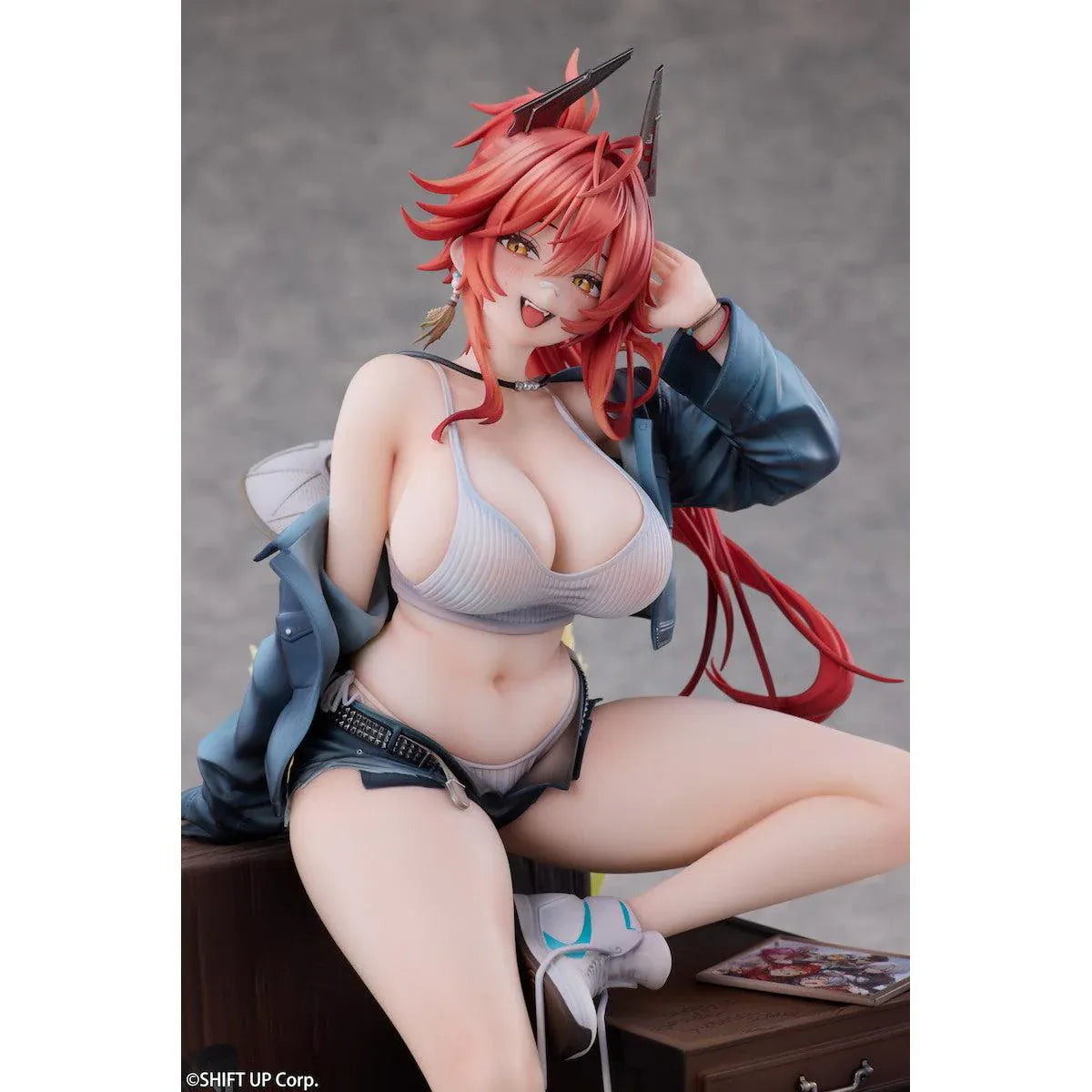 Goddess of Victory Nikke Red Hood Retro Days Deluxe Ver. 1/7 Scale Figure with long red hair, casual outfit, seated pose, and retro diorama base