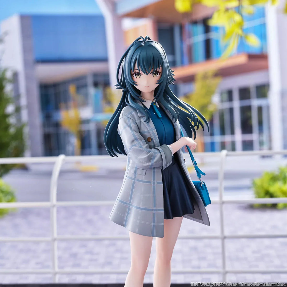 The Idolmaster Gakuen Temari Tsukimura 1/6 scale figure wearing a plaid coat, blue blouse, pleated skirt, and carrying a shoulder bag.