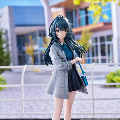 The Idolmaster Gakuen Temari Tsukimura 1/6 scale figure wearing a plaid coat, blue blouse, pleated skirt, and carrying a shoulder bag.