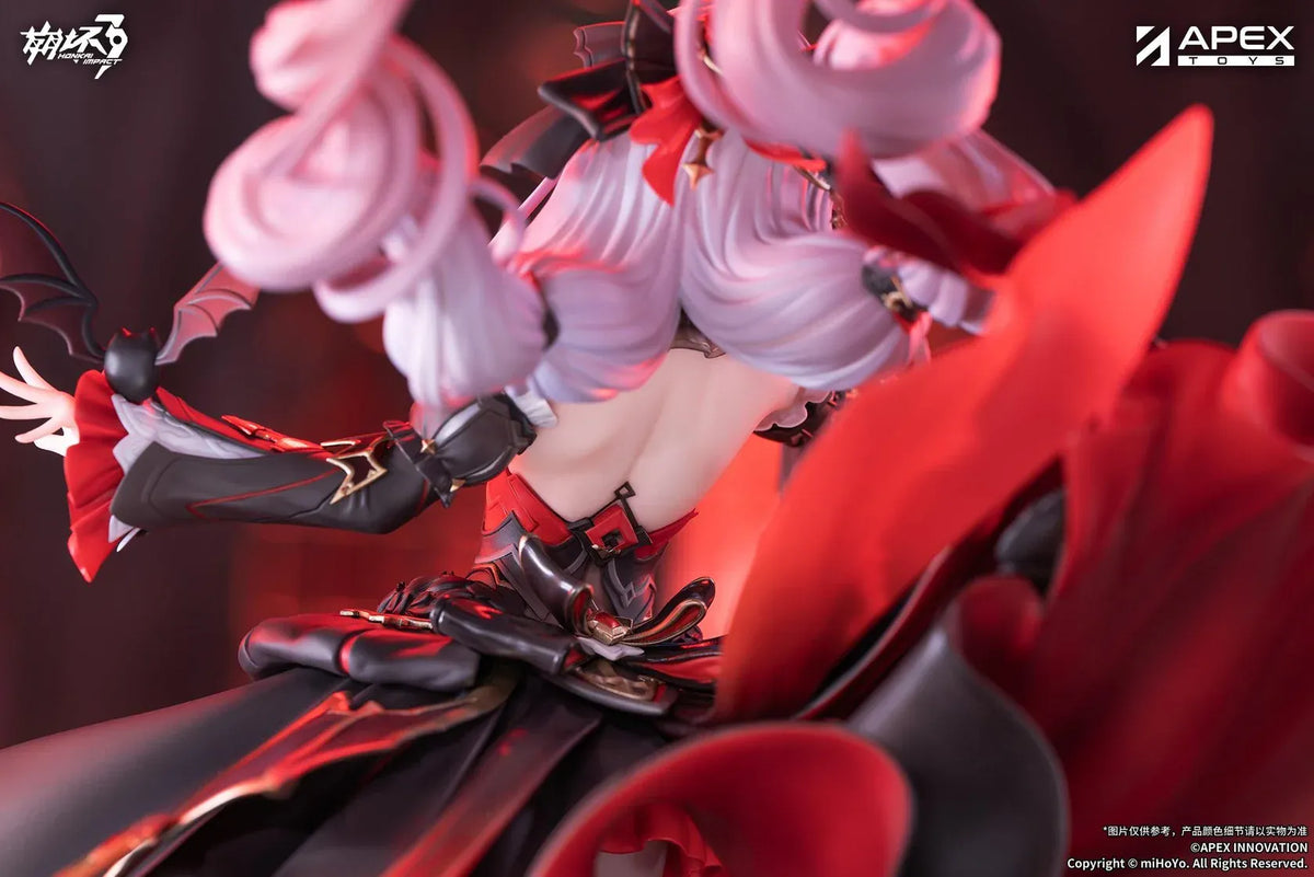 Honkai Impact 3rd Lunar Vow Crimson Love 1/7 scale figure with pale lavender hair, a black-and-red outfit, a small bat, and broken stonework.