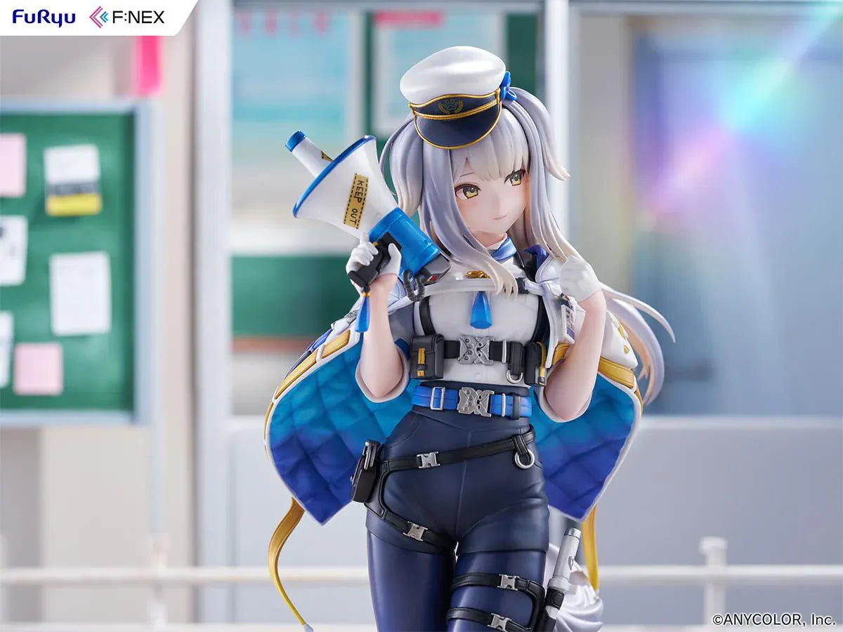 Nijisanji Ruri Shioriha 1/7 scale figure featuring megaphone accessory, silver hair, and detailed blue-and-white outfit