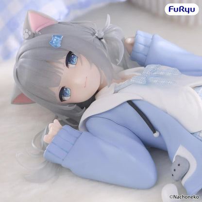Nachoneko Noodle Stopper Figure by FuRyu featuring Nachoneko lying down in a blue outfit with cat ears and a cushion base.