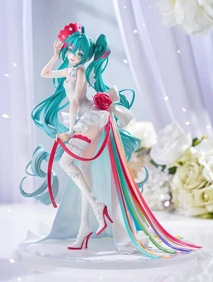 GOOD SMILE RACING G.S. Collection Racing Miku 15th Rhapsody 2010-2025 1/7 Scale Figure with white outfit, teal twin-tails, red rose, and colorful ribbons
