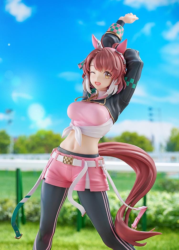 Uma Musume Pretty Derby Dantsu Flame 1/7 scale figure in pink athletic outfit with dynamic stretching pose and themed base