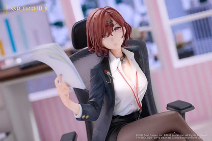 Madoka Higuchi Effortless Work Ver. figure seated in an office chair, wearing a navy blazer and holding papers above a clear circular base.