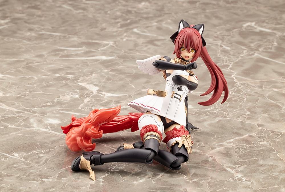 Assembled Arcanadea Charmed model kit with red hair, animal ears, a white and black outfit, gold armor accents, and a sweeping flame-like red tail.