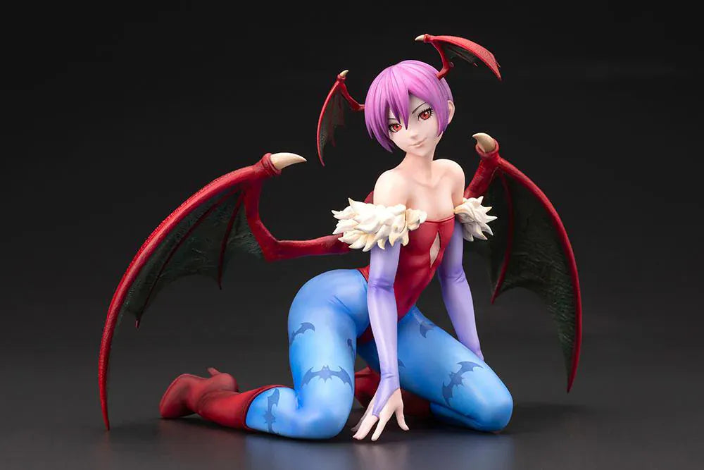 Darkstalkers Lilith 1/7 Scale Figure featuring Lilith with purple hair, bat wing accents, red-and-blue outfit details, and a playful seated pose.