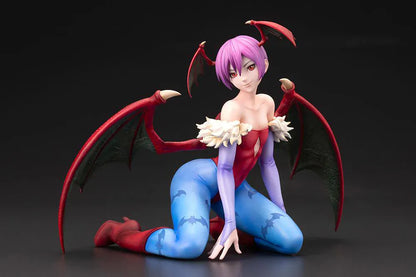 Darkstalkers Lilith 1/7 Scale Figure featuring Lilith with purple hair, bat wing accents, red-and-blue outfit details, and a playful seated pose.