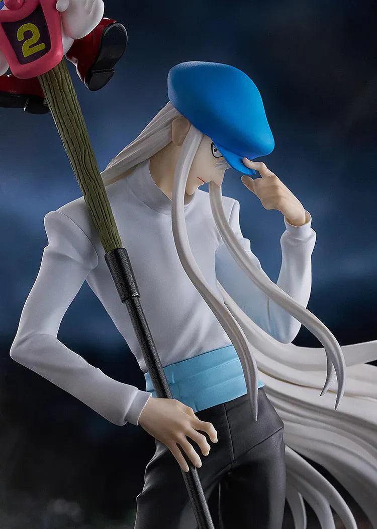 HUNTER x HUNTER POP UP PARADE Kcyytt Kite Figure featuring Kite with long silver hair, blue cap, white shirt, and large scythe weapon accessory.