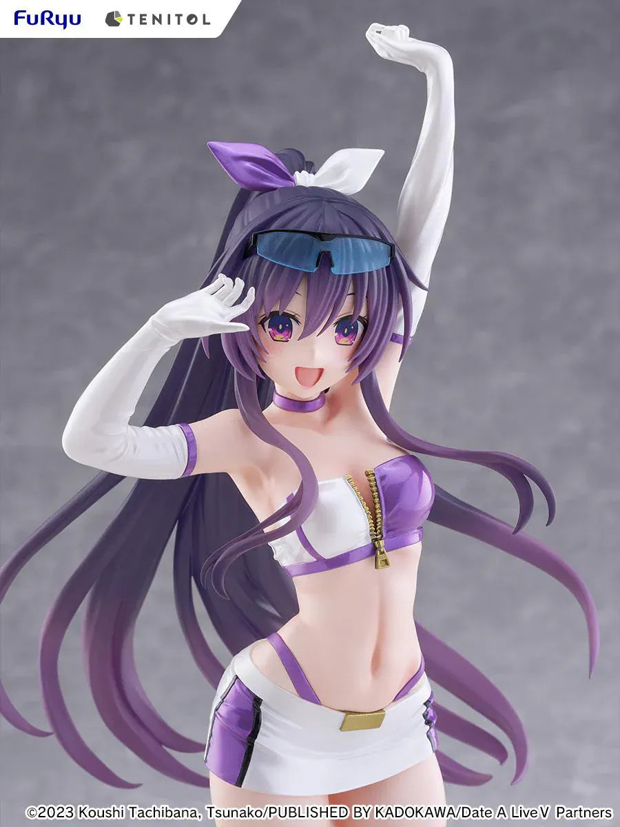 Date A Live V Tenitol Tall Tohka Yatogami Race Queen Ver. Figure featuring Tohka with long purple hair, white-and-purple race queen outfit, sunglasses, and matching boots.