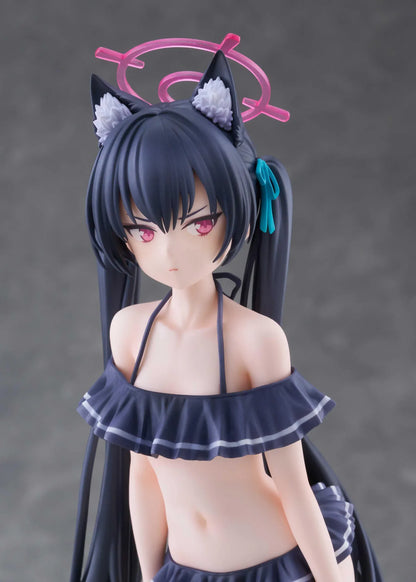 Blue Archive Serika Swimsuit 1/7 Scale Figure featuring Serika with long black hair, cat ears, dark frilled swimsuit, pink halo, platform sandals, and display base.