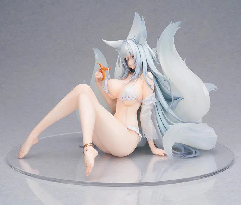 Azur Lane Shinano Dreamy White Sands Ver. 1/6 Scale Figure featuring Shinano seated with pale blue hair, fox ears, flowing tails, white outfit details, and beach-inspired styling.