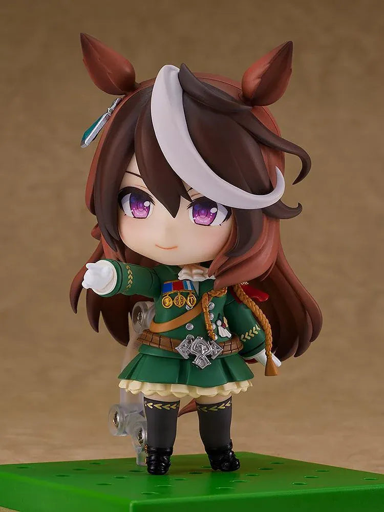 Umamusume Pretty Derby Nendoroid Symboli Rudolf Figure (Rerelease) featuring a brown-haired horse girl with a white forelock, purple eyes, green academy uniform, gold decorations, red cape, and black boots.