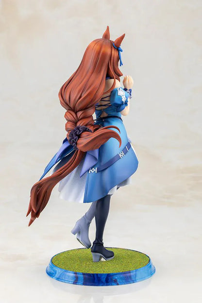 Uma Musume Pretty Derby Super Creek 1/7 Scale Figure featuring Super Creek in a blue-and-white outfit with red hair, horse ears, tail, and a cheerful pose on a themed base.