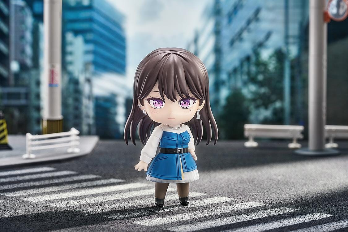BanG Dream Nendoroid Taki Shiina Figure featuring Taki in a chibi-style design with long dark hair, purple eyes, blue outfit, and drumstick accessory.