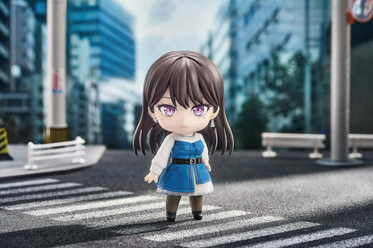BanG Dream Nendoroid Taki Shiina Figure featuring Taki in a chibi-style design with long dark hair, purple eyes, blue outfit, and drumstick accessory.