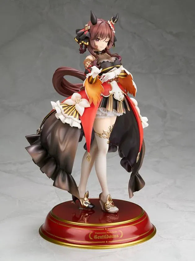 Umamusume Pretty Derby Gentildonna 1/7 Scale Figure featuring a brown-haired horse girl with a playful wink, an elaborate black, red, and gold outfit, flowing decorative fabric, white ruffles, ornate accessories, elegant stockings, and gold-accented heels standing on a red and gold circular display base.