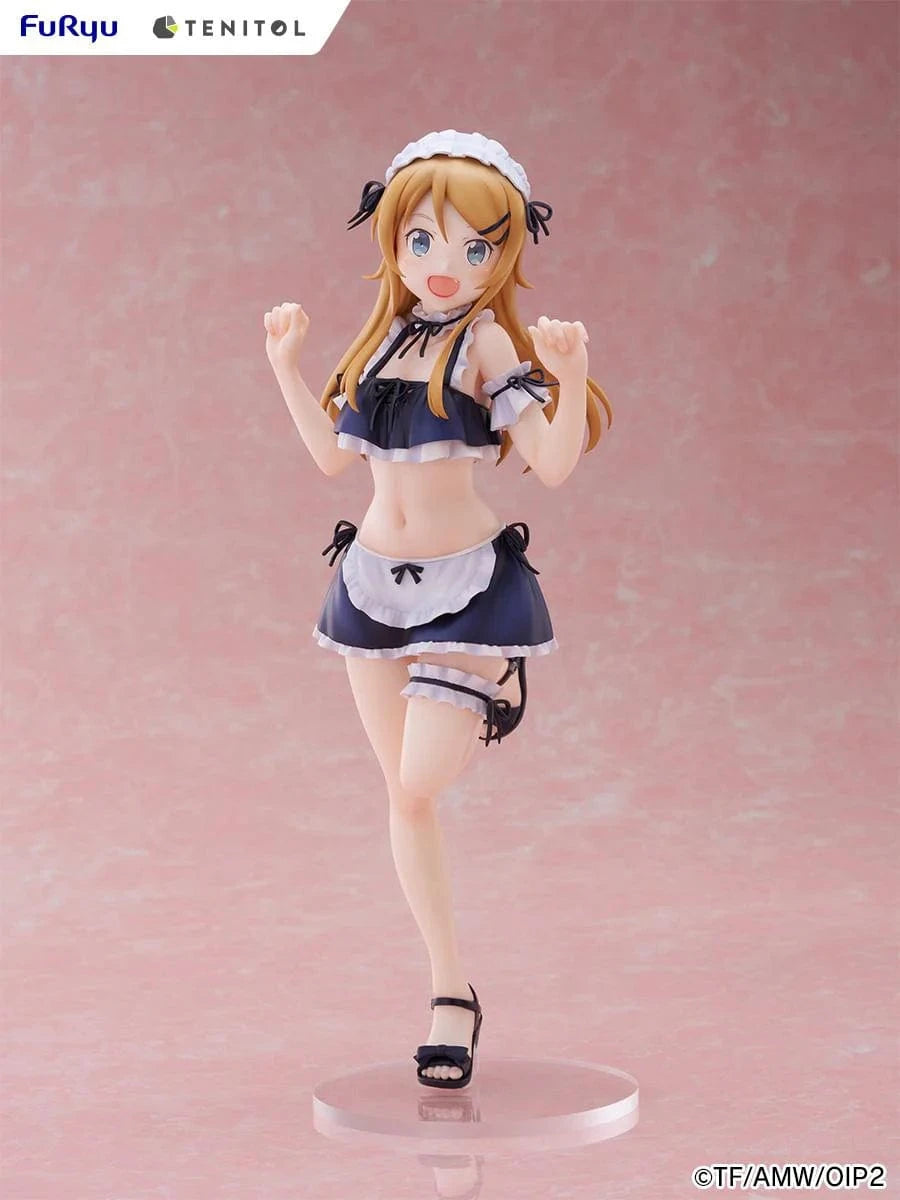 Oreimo Tenitol Tall Kirino Kousaka Swimsuit Maid Ver. Figure featuring Kirino in a navy and white maid swimsuit posing energetically by a beachside dessert setup
