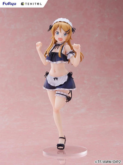 Oreimo Tenitol Tall Kirino Kousaka Swimsuit Maid Ver. Figure featuring Kirino in a navy and white maid swimsuit posing energetically by a beachside dessert setup