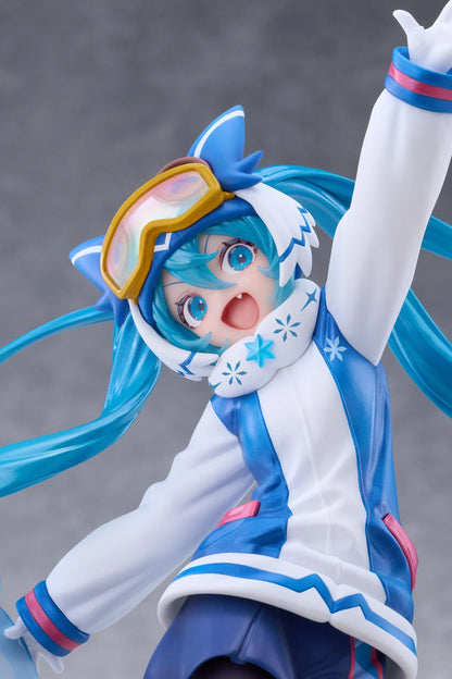 Snow Miku AMP+ All Stars 2016 Ver. figure posing on a blue patterned snowboard with goggles, flowing turquoise twin tails, and a snow effect base.