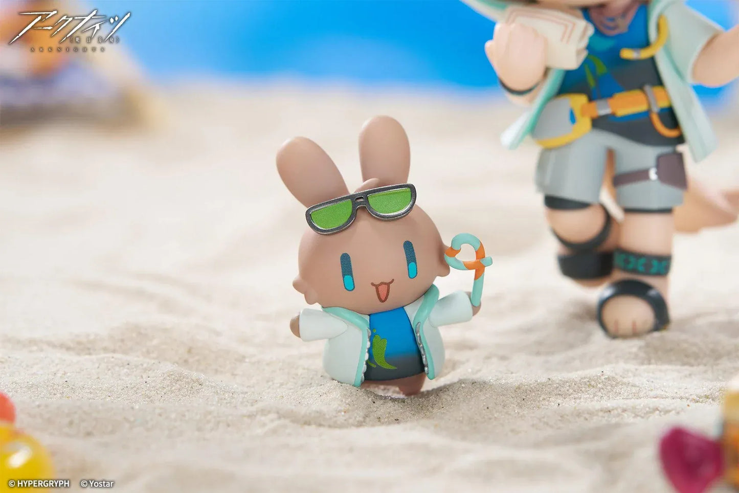 Arknights Cuties Series Tequila Chibi Figure with bunny companion, sunglasses, tropical beach umbrella, palm tree, and beach accessories