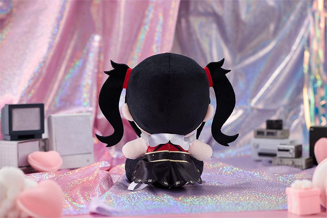 NEEDY GIRL OVERDOSE Ame-chan Punipuni plushie with black twin-tails, yellow hair clips, an embroidered purple eye, and a red and black outfit.