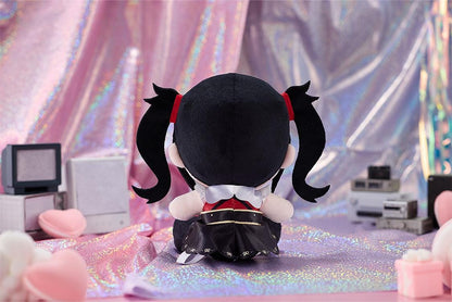 NEEDY GIRL OVERDOSE Ame-chan Punipuni plushie with black twin-tails, yellow hair clips, an embroidered purple eye, and a red and black outfit.